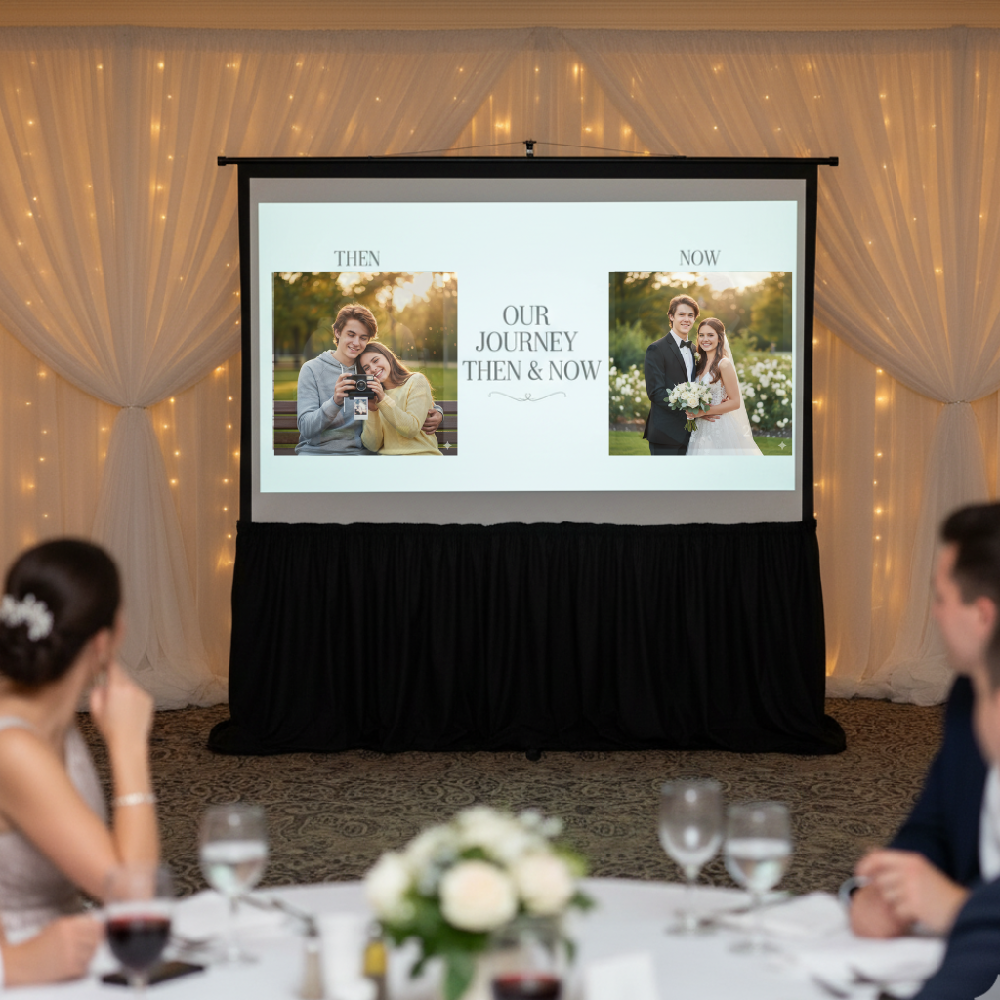 Projector and screen displaying a photo slideshow at a wedding